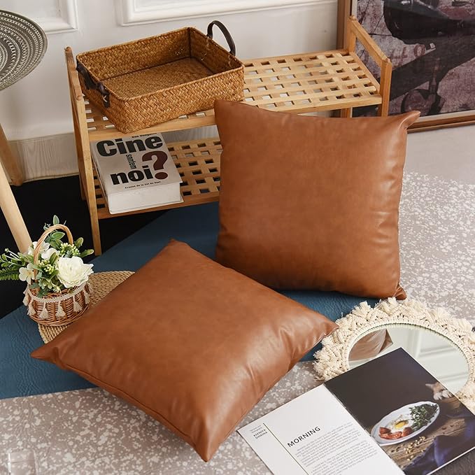 Tosewever Faux Leather Throw Pillow Covers, 20 x 20 inch Set of 2 Luxury Cognac Brown Modern Pillowcases Solid Decorative Square Cushion Cases for Bedroom Living Room Couch Bed Sofa (Brown, 20" x 20")