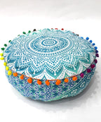 CRAFT KALA Green Ombre Large Hippie Mandala Meditation Floor Ottoman Pillow Cushion Pouf Cover Square Poufs Bohemian Circle Floor Cushion Case Outdoor Fireplace Yoga Living Room Decor Cover 16" Round
