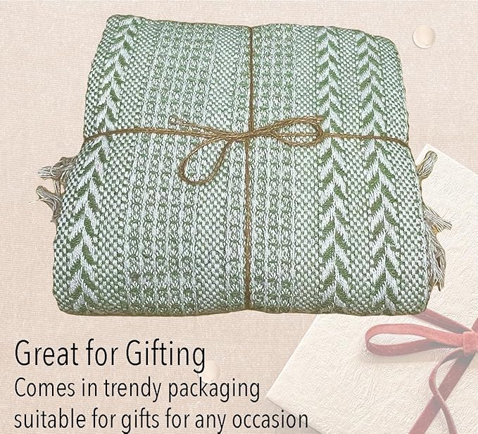 Chardin home - Sage Green & Ivory Braided Waffle Weave Throw, 50x60 in Recycled Cotton- Large, Wearable, Breathable, Skin-Friendly Everyday Blanket for Couch, Bed, Sofa - Soft Lightweight Picnic Rug