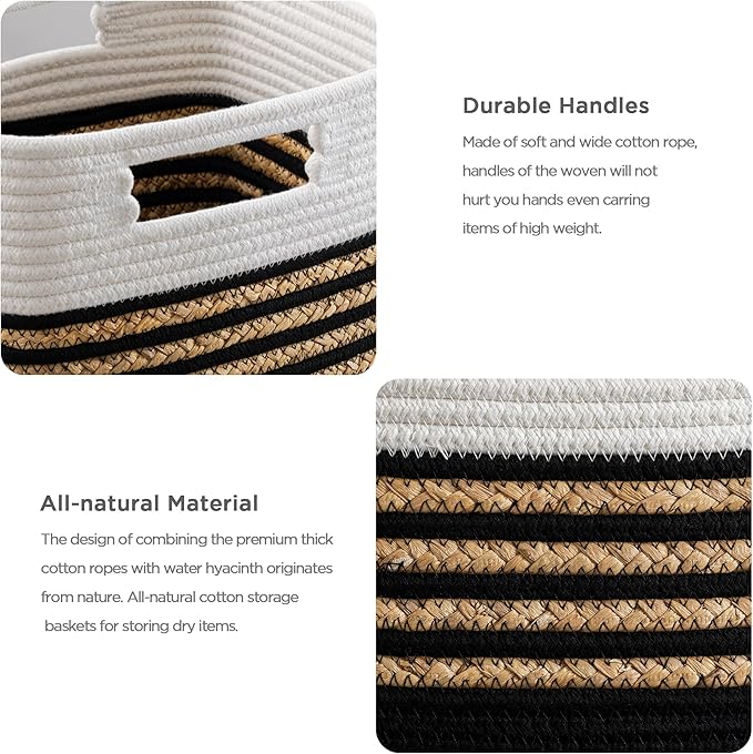 UBBCARE Set of 4 Storage Cubes 11 X 10.5 X 10.5 in, Water Hyacinth Storage Bins for Shelves, Toys, Books, Organizing Baskets with Handles, Cotton Rope Woven Baskets, Black