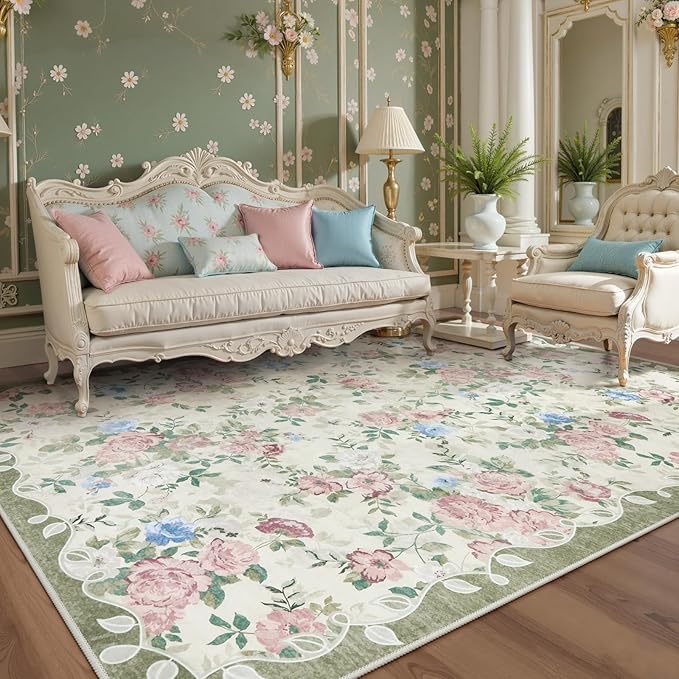 Lahome Vintage Floral Area Rugs 8x10,Large Rugs for Living Room Boho Area Rug Machine Washable, Low Pile Bedroom Rugs 8x10 Carpet for Office Rug Playroom Dining Room Nina（Cream/Green）
