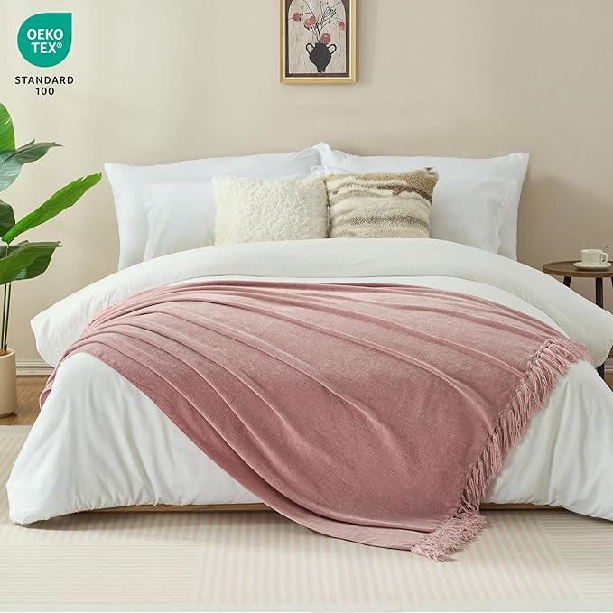 Chenille Throw Blanket for Couch with Tassels,60"X80" Soft Cozy Lightweight Knitted Boho Decorative Blankets for Bed and Sofa,Pink