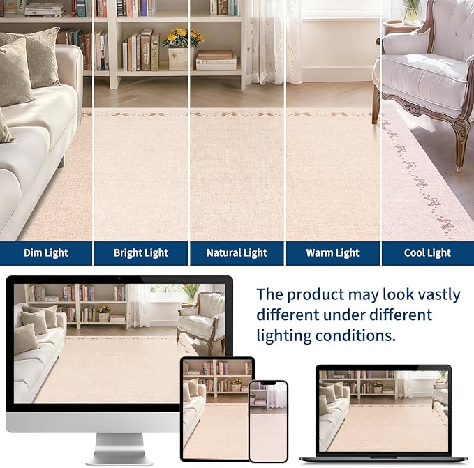 GarveeHome Washable Area Rugs 8x10 Bow Neutral Beige Rug Non Slip Living Room Rug Soft Rugs for Bedroom Low Pile Stain Resistant Carpet for Nursery Dining Room Playroom, Beige