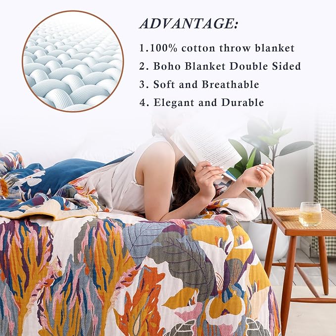 Snycler Boho Throw Blanket for Bed - 100% Cotton Ultra Soft Rustic Quilt - Watercolour Floral Printed Farmhouse Decor Bed Fall Blankets, 60"×80" All Season Rustic Throw for Sofa Couch Chair