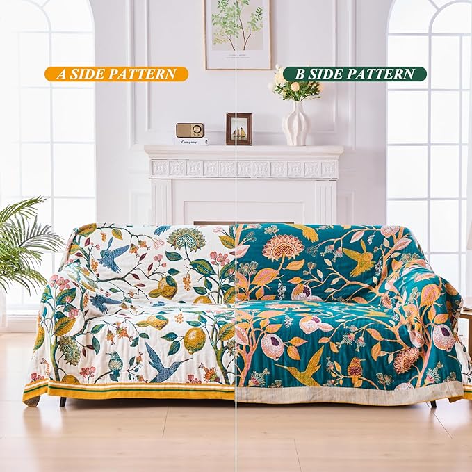 Boho Throw Blanket for Bed - 100% Cotton Ultra Soft Luxury Throw Rustic Fall Quilt,Bird Printed Farmhouse Decor Bed Blankets,Throw for Living Room Sofa Couch Chair(Flower-Bird, 60" x 75")