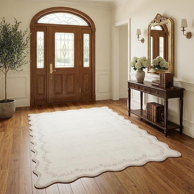 GarveeHome 3x5 Scalloped Washable Area Rug for Bedroom,Soft Solid Beige Entryway Rug Farmhouse Kitchen Mat Non Slip Low Pile Carpet Stain Resistant Throw Rug for Bedside Kids Room Office