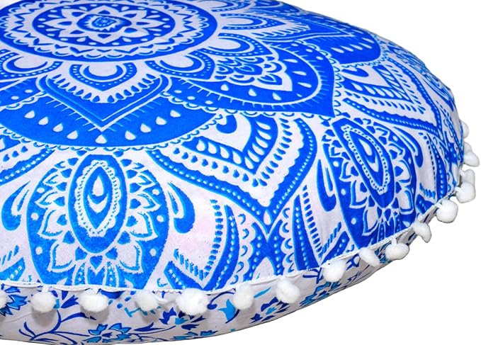 CRAFT KALA 22" Mandala Meditation Floor Pillows Cover Pouf Cover Round Seating Bohemian Mandala Cotton Floor Cushion Cover Outdoor Fireplace Seating Living Room Yoga Room Home Décor (Blue Flower)