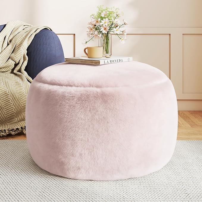 Round Stuffed Pouf Ottoman for Foot Rest, A Round Modern Foam Filled Poufs, Floor Chair for Living Room, Nursery, Dorm, A Soft Modern Foot Stool Perfect to Rest Your Feet (Pink, 29Inch)