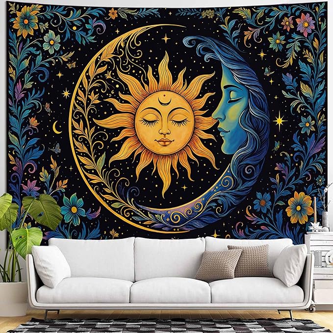 Accnicc Sun and Moon Tapestry for Bedroom Hippie Boho Floral Wall Tapestry Aesthetic Vintage Flower Plant Celestial Spiritual Large Tapestries Wall Hanging for Living Room Dorm 80 x 60 Inch