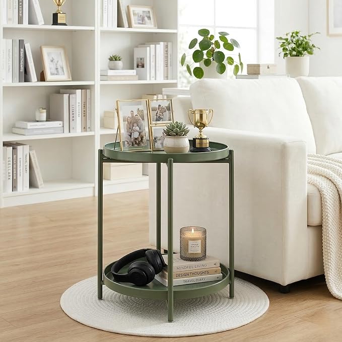 TeoKJ 2 Tier Green Side Table, Folding Round Metal End Table Small Nightstand with Two Removable Tray for Bedroom Living Room Bedside Small Spaces Dark Green