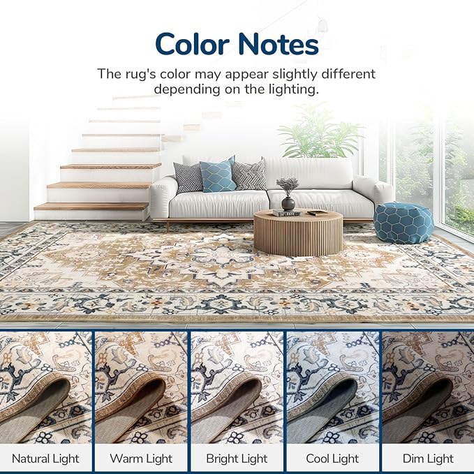 Lessymo 5x8 Area Rug for Living Room - Machine Washable Area Rugs, Super Soft Faux-Wool Area Rugs for Bedroom Kitchen, Boho Rug Vintage Floral Non-Slip Low Pile, Brown Beige
