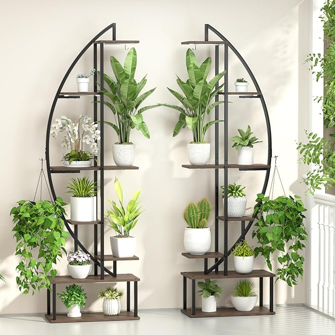 Plant Stand Shelf Rack Indoor with 6 Built in Grow Light, 7 Tiered 65" Tall Black Large Lighted Half Moon Curved Plant Stand for Indoor Growing, 2 Pack Arch Sturdy High Herb Flower Shelving