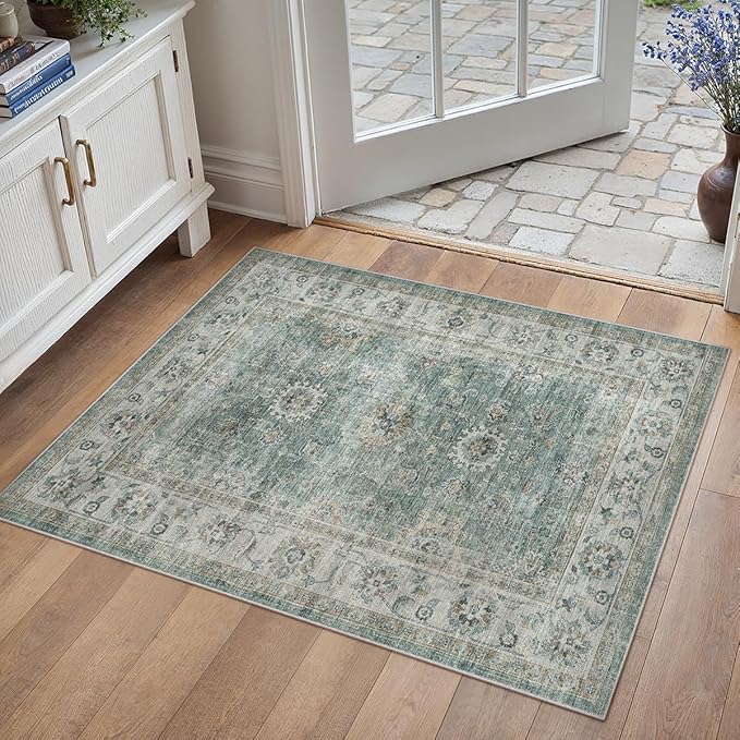 2x3 Washable Area Rug for Entryway Teal Blue Vintage Non-Slip Low Pile Distressed Rustic Carpet Door Mat Soft Small Throw Rug for Indoor Entrance Bathroom