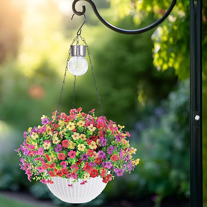 Artificial Faux Hanging Plants Flowers Basket for Spring Outdoor Outside Decorations, Fake Silk Daisy Look Real,Ferns in Planter UV Resistant Realistic for Front Door Yard Farmhouse Wedding Decor