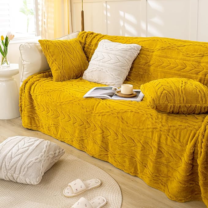 YUSOKI Sherpa Large Throw Blanket Single Layer,Light Weight(1.7lb),370GMS-3D Stylish Design for Gift Home Decor (Mustard Yellow,50"x65")