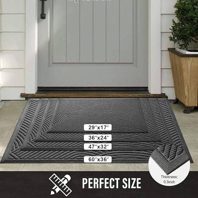 Sturdy Front Door Mat, Absorbent Muddy Dirt Resist Welcome Door Mats Outdoor Indoor, Stain and Fade Resistant, Non-Slip Backing Entry Mat Low Profile Doormat for Entryway, 60×36, Grey