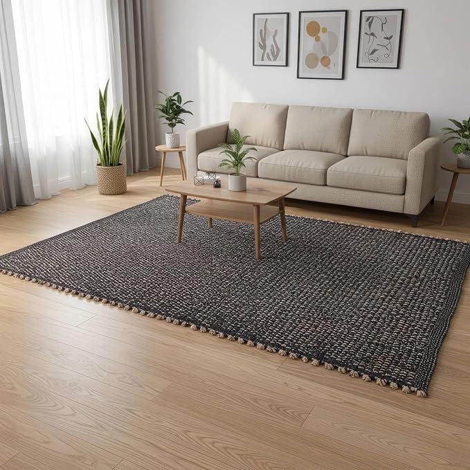 Charcoal Gray 4X6 Jute Rug Braided Construction - Farmhouse Woven Carpet - Mid-Century Modern Floor Covering for Bedside, 4' x 6'