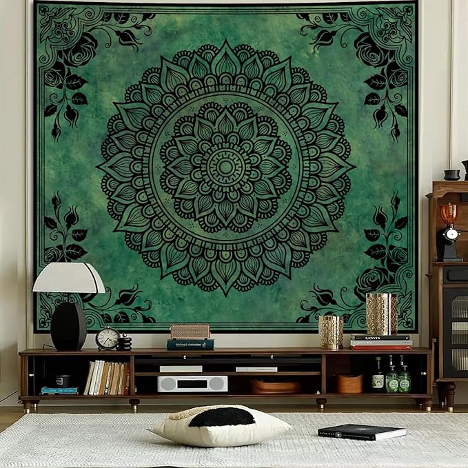 Apdidl Extra Large Green Boho Mandala Tapestry for Bedroom Aesthetic, Hippie Indian Vintage Floral Decor Wall Hanging, Bohemian Ceiling Flower Plants Art Backdrop Wall Tapestries for Dorm Living Room 71"X90"