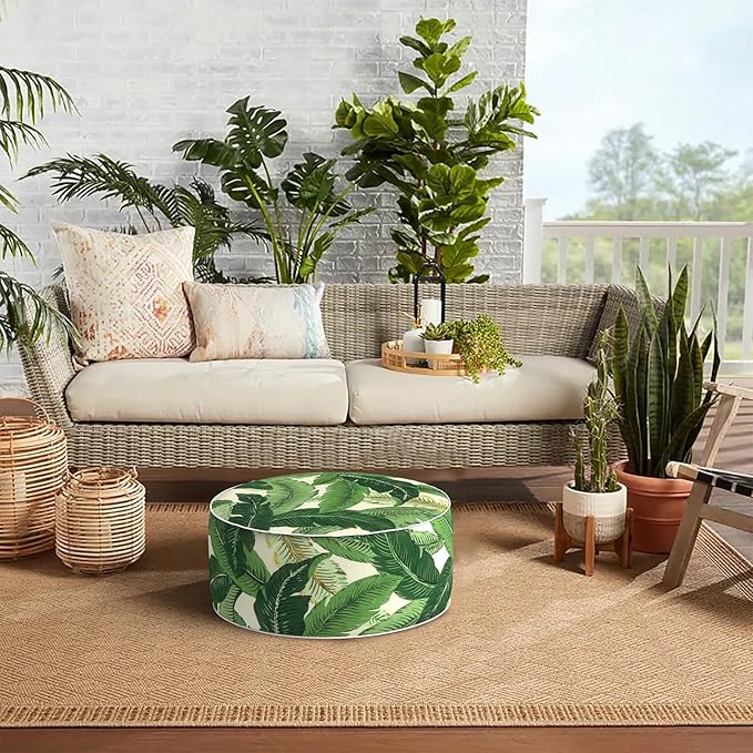 Indoor/Outdoor Inflatable Ottoman D21 x H9 inch, Round Footstool Inflatable Foot Rest Ottoman with Handle, Portable Ottomans Pouf for Patio, Garden, Camping, Home, Swaying Palms Green