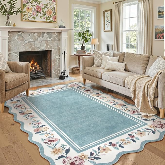 Lahome Floral Area Rug for Living Room, Washable Rugs 5x7 Soft Low Pile Scalloped Large Rugs for Bedroom, Farmhouse, Dining Room, Kids, Ariele Blue