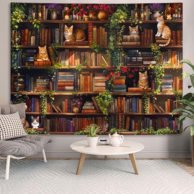 Accnicc Plant Cat Bookshelf Tapestry Botanical Floral Flower Cats Book Tapestries Wall Hanging Vintage Library Small Tapestry for Bedroom Living Room Dorm 60 x 44 inch