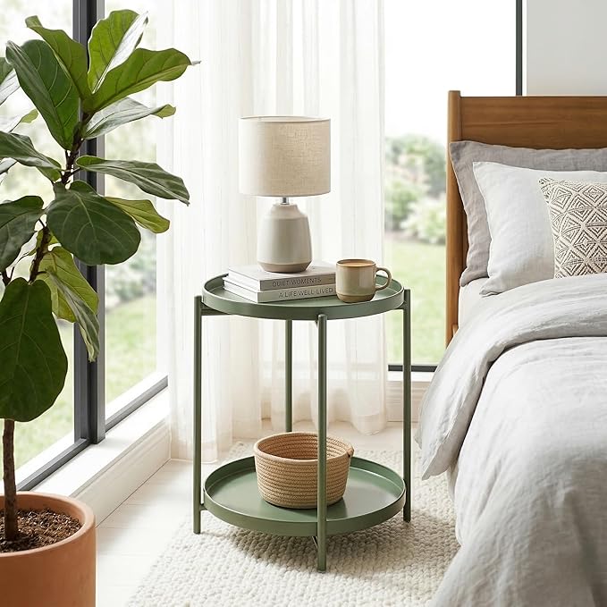 TeoKJ 2 Tier Green Side Table, Folding Round Metal End Table Small Nightstand with Two Removable Tray for Bedroom Living Room Bedside Small Spaces Dark Green