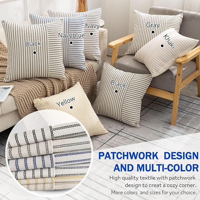 YCOLL Farmhouse Pillow Covers 16x16, Modern Accent Square Throw Pillow Covers Set of 2, Navy and Beige Striped Patchwork Linen Decorative Pillows Cushion Covers for Couch Chair Bedroom Home Decor