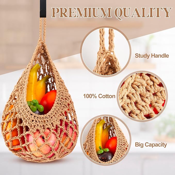 Honeydak Boho Decor Hanging Wall Baskets for Kitchen 3 Pack Teardrop Baskets with Hooks Storage Fruit Onion Vegetable Potato for Home 3 Sizes(Light Linen,Crochet,Cotton Rope)