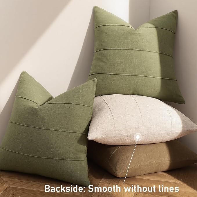 ZWJD Christmas Linen Throw Pillow Covers 26x26 Set of 2 Solid Handcrafted Striped Cushion Covers for Bed Soft Xmas Decorative Pillow Covers for Couch Bedroom Living Room Christmas Decor(Olive Green)