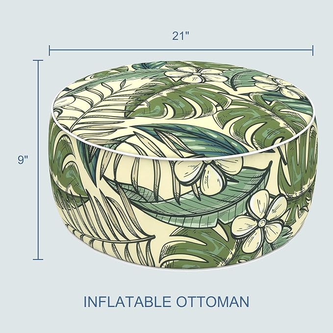 LVTXIII Indoor/Outdoor Inflatable Ottoman with Handle D21 x H9 Inch, Weather-Resistant Round Footstool Pouf for Patio Camping Living Room, Portable Footrest Extra Seating, Tropical Paradise