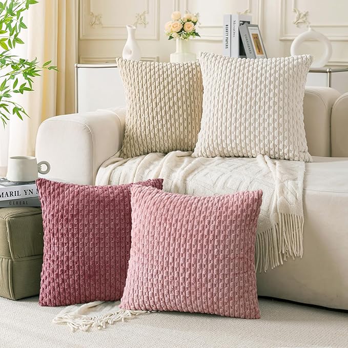 Set of 4 Pink Beige White Decorative Throw Pillow Covers 22x22 Inch Corduroy Pillow Covers for Bed Couch Sofa Living Room Soft Square Cushion Cases
