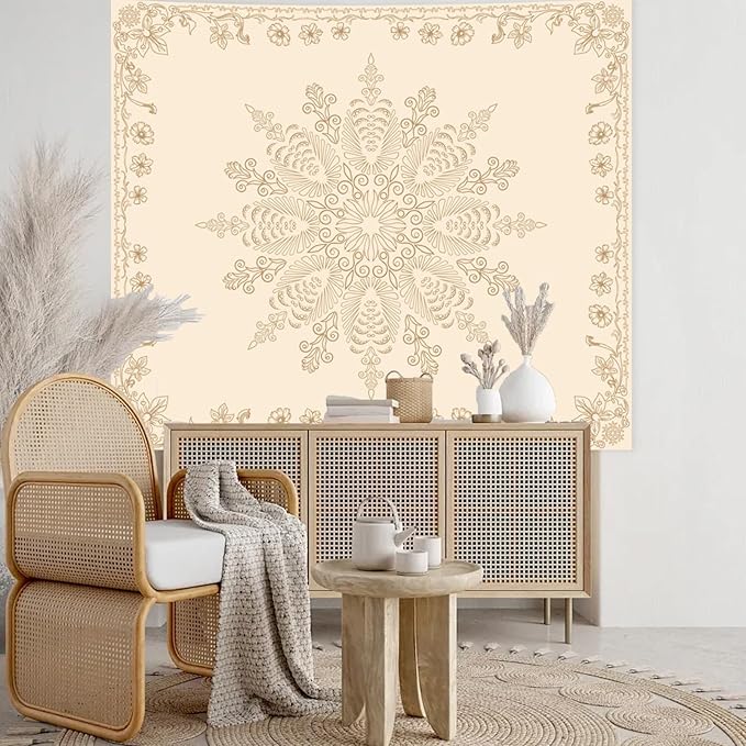 Apdidl Boho Mandala Floral Wall Tapestry for Bedroom Aesthetic, Bohemian Cute Flower Hippie Indian Beige Wall Hanging Blanket, Medallion Art Decor Tapestries for Teen Girls Living Room Dorm 51" X 60"