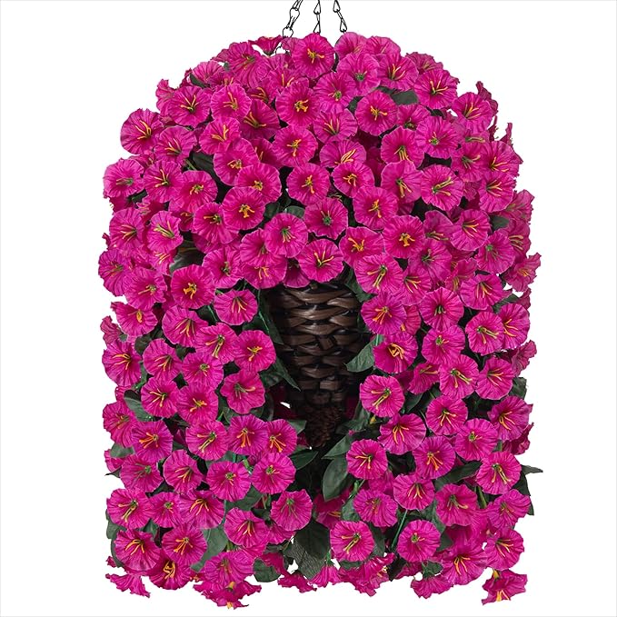 HyeFlora Artificial Fake Hanging Flowers Plants Baskets for Outdoor Outside Decoration, Faux Silk UV Resistant Realistic Fuchsia Morning Glory Planter for Home Porch Patio Balcony Garden Yard