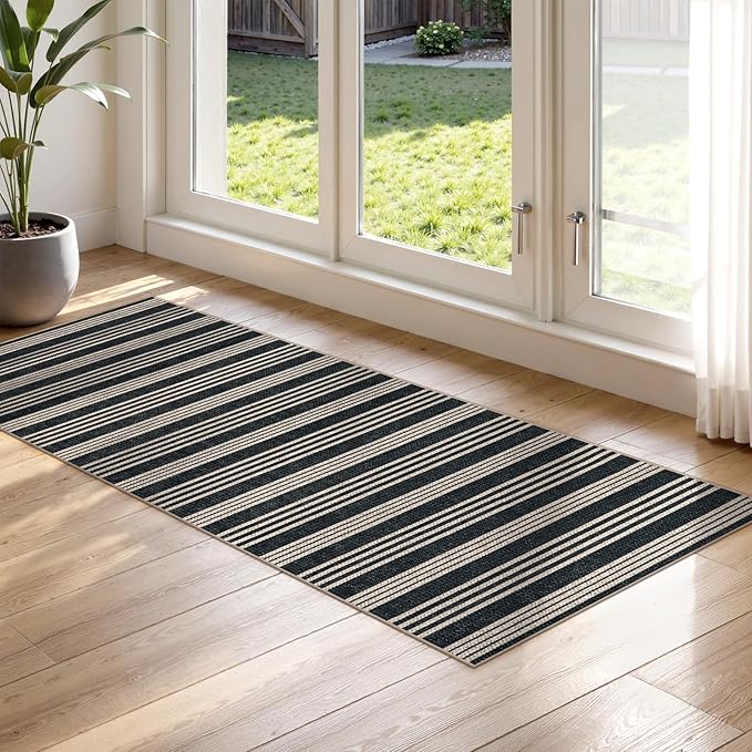 Lahome Elance Striped Easy Jute Runner, 2x6 Kitchen Runner Rug Non Slip Washable Outdoor Rug for Entryway Indoor, Farmhouse Indoor Outdoor Black Carpet for Hallway 6ft Entry Front Door
