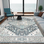 4x6 Vintage Washable Area Rug for Living Room,Low Pile Non Slip Carpet Non-Shedding Small Area Rug Soft Indoor Stain Resistant Rug Boho Print Mat for Bedroom Dining Room Blue Beige Multi