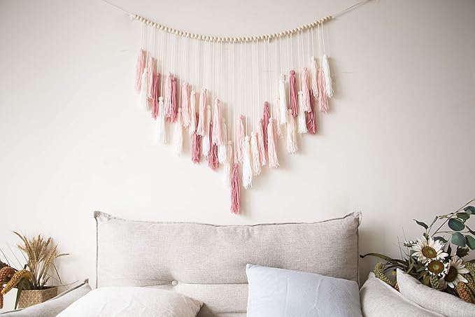Decocove Macrame Wall Hanging - Large with Wood Beads Bohemian Decor for Bedroom, Living Room and Kitchen Warm Blush Pink 35'' x 36''