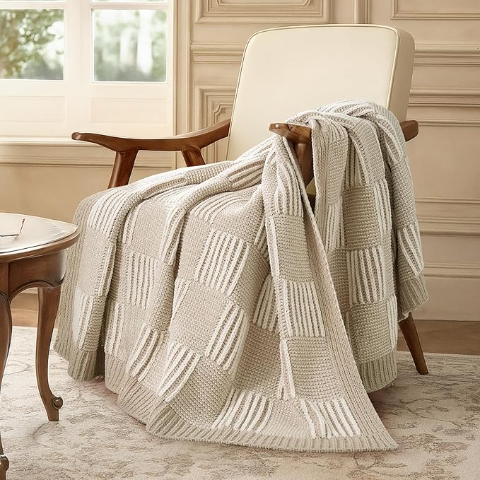 Amélie Home Checkered Knit Throw Blanket for Couch, Chenille Texture Decorative Soft Blanket for Sofa & Chair, 60"x80", Beige & Ivory
