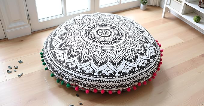 CRAFT KALA Boho Large Floor Pillow Pouf Cover Mandala Meditation Room Pillow Cover for Adults Round Bohemian Seating Pouf Cushion Cover for Kids Playroom 22" Grey Ombre