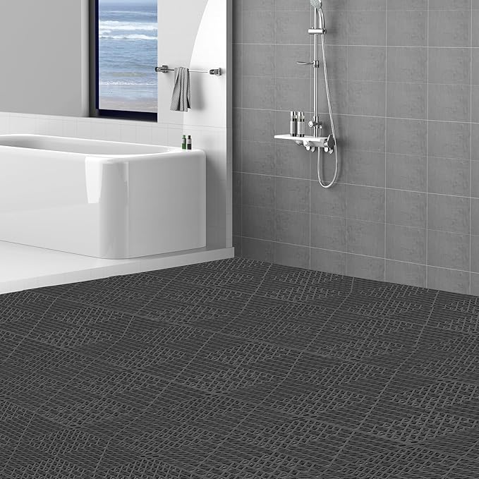 VEVOR Modular Interlocking Cushion, 12 Pack 12" x 12" Splicing Drainage Mats, Soft PVC Interlocking Drainage Floor Tiles, Non-Slip Drainage Holes for Restroom, Bathroom, Kitchen, Pool, Wet Areas, Blac