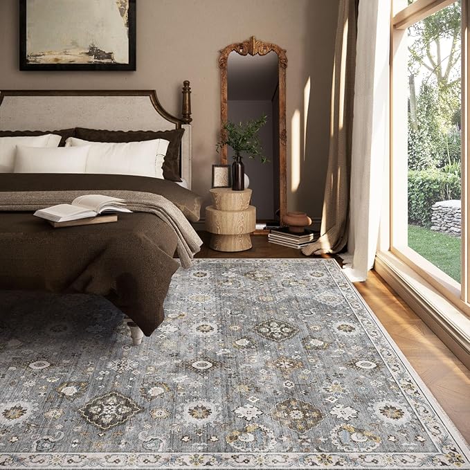 Machine Washable Rug for Living room: 6x9 Area Rugs Boho Vintage Rugs Stain Resistant Non Slip Low Pile Lightweight Soft Carpets for Bedroom Kitchen Dining Room Nursery Kids Room Farmhouse Home Office