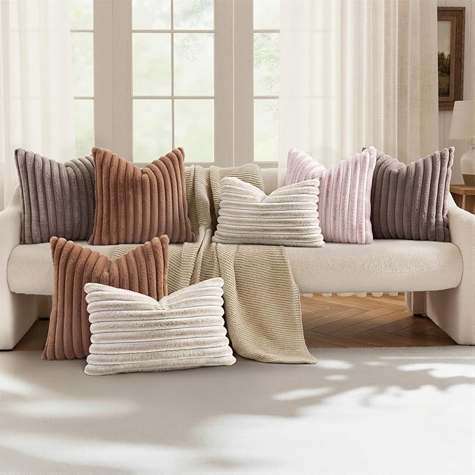 decorUhome Cozy Faux Fur Throw Pillow Covers 24x24 Set of 2 Decorative Soft Plush Striped Modern Farmhouse Boho Couch Euro Sham Pillow Cases with Velvet Back for Sofa Bed Living Room, Light Coffee