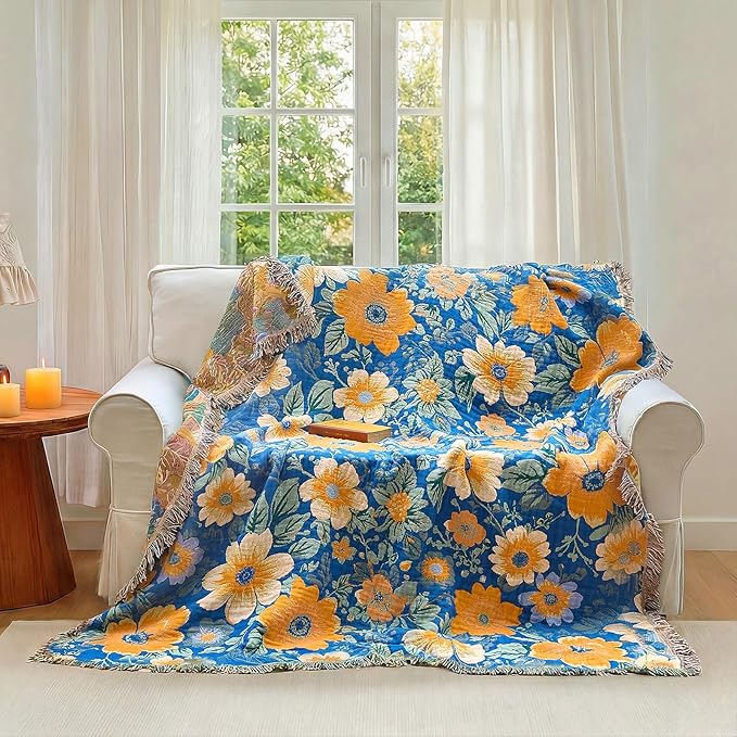 Boho Throw Blanket - 100% Cotton Ultra Soft Muslin Spring Blanket, 50"x60" Lightweight Floral Bird Framhouse Bedding Blanket for Bed, All Season Blue Bohemian Bedroom Home Decor Quilt