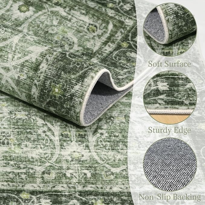 2'x6' Washable Runner Rug Utral Soft Lightweight Vintage Boho Distressed Non-Slip Backing,Low Pile Stain Resistant Farmhouse Rug for High-Traffic Hallway, Kitchen & Laundry