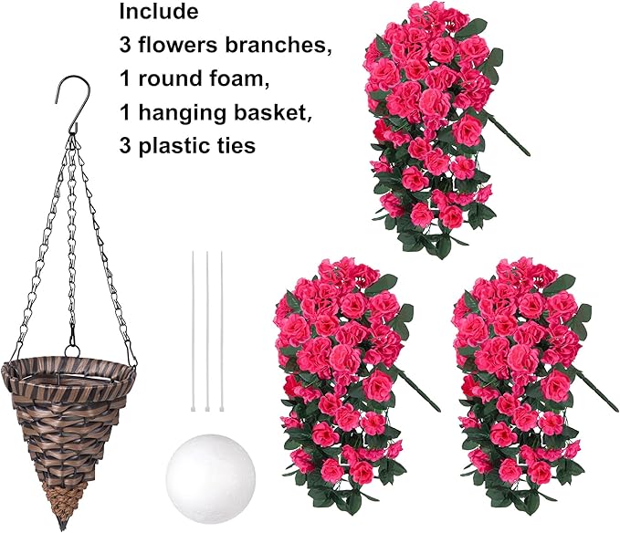 Artificial Geraniums Faux Hanging Plants Flowers Basket for Outdoors, Fake Silk Geraniums Vines in Planter UV Resistant Look Real Spring Summer Outdoor Decorations for Outside Yard Patio, Hotpink