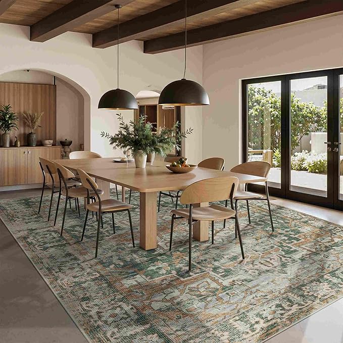 9x12 Area Rug for Living Room Bedroom, Extra Large Washable Rug, Green Vintage Retro Boho Rug, Non Slip & Low Pile Faux Wool Carpet for Indoor Dining Room and Kids Room(Green/Brown 9x12ft)
