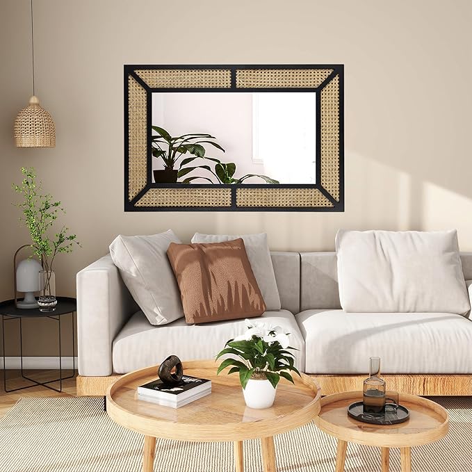 Rattan Mirror for Wall Decor Bohemian Rectangular Large Mirror 35.5" x 23.6", Farmhouse Decorative Wall-Mounted Mirrors, Hanging Mirrors, Woven Wicker, Black Wood Frame