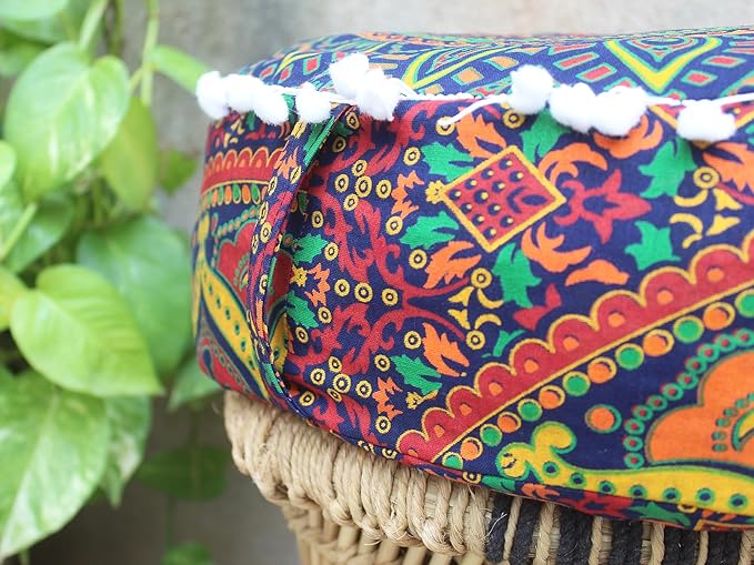 CRAFT KALA Large Hippie Mandala Meditation Floor Ottoman Pillow Cushion Pouf Cover Square Poufs Bohemian Circle Floor Cushion Case Outdoor Fireplace Yoga Living Room Decor Cover New Blue, 24" Round