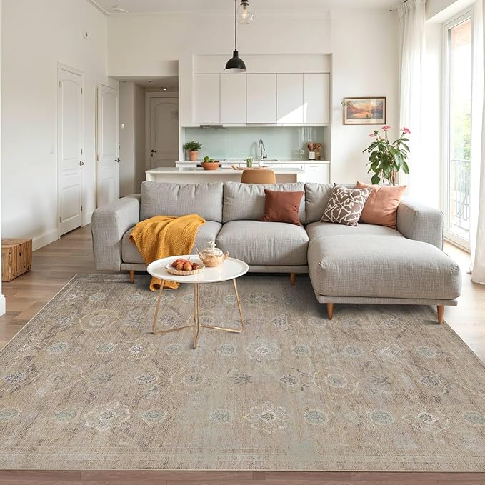 4x6 Rug for Living Room Bedroom, Beige Washable Throw Rugs, Vintage Retro Boho Area Rugs, Non Slip & Low Pile Accent Throw Carpet for Indoor Dining Room, Kids Room and Office(Beige 4x6ft)