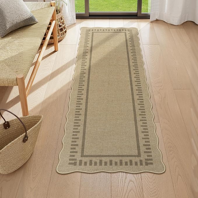 LIVEBOX Scalloped Washable 2x6 Runner Rug, Easy Jute Outdoor Rug Kitchen Tan Rugs for Entryway Hallway, Indoor Non Slip Rugs Farmhouse Geometric Modern Carpet for Laundry Room Bedroom Door Mat Porch