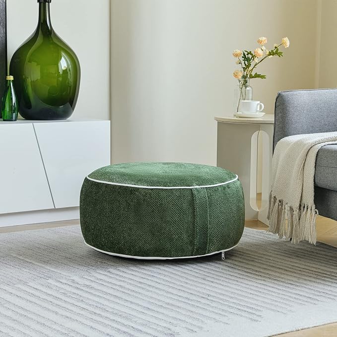 Inflatable Pouf Ottoman, 21x10 Inches Stuffed Chenille Ottoman with Inflatable PVC Liner, Foot Rest with Portable Handle, Round Floor Pillow for Living Room, Bedroom, Kids Room